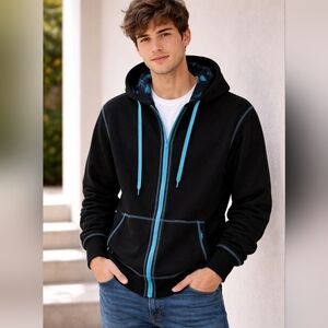 Men's Black Zip-Up Hoodie with Blue Trim #214